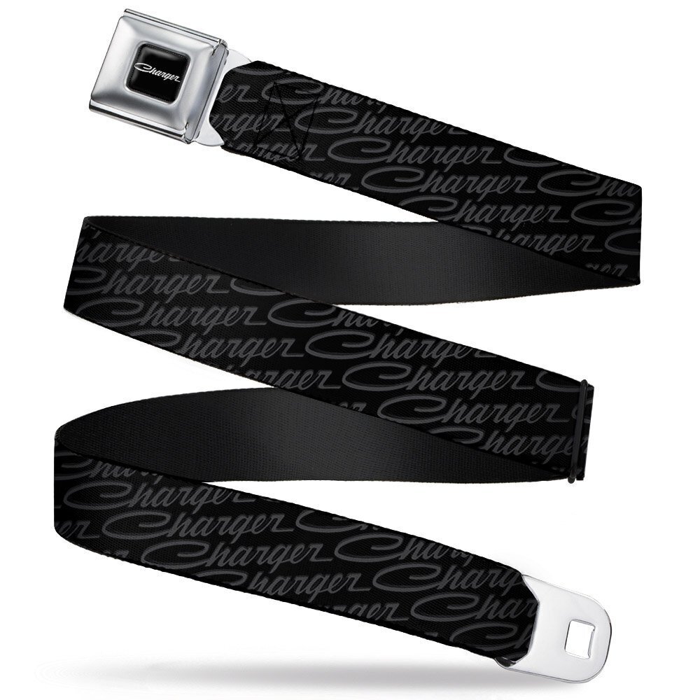 6948 Seatbelt Belt CHARGER Script Emblem Repeat Black/Grays 1.5" Wide